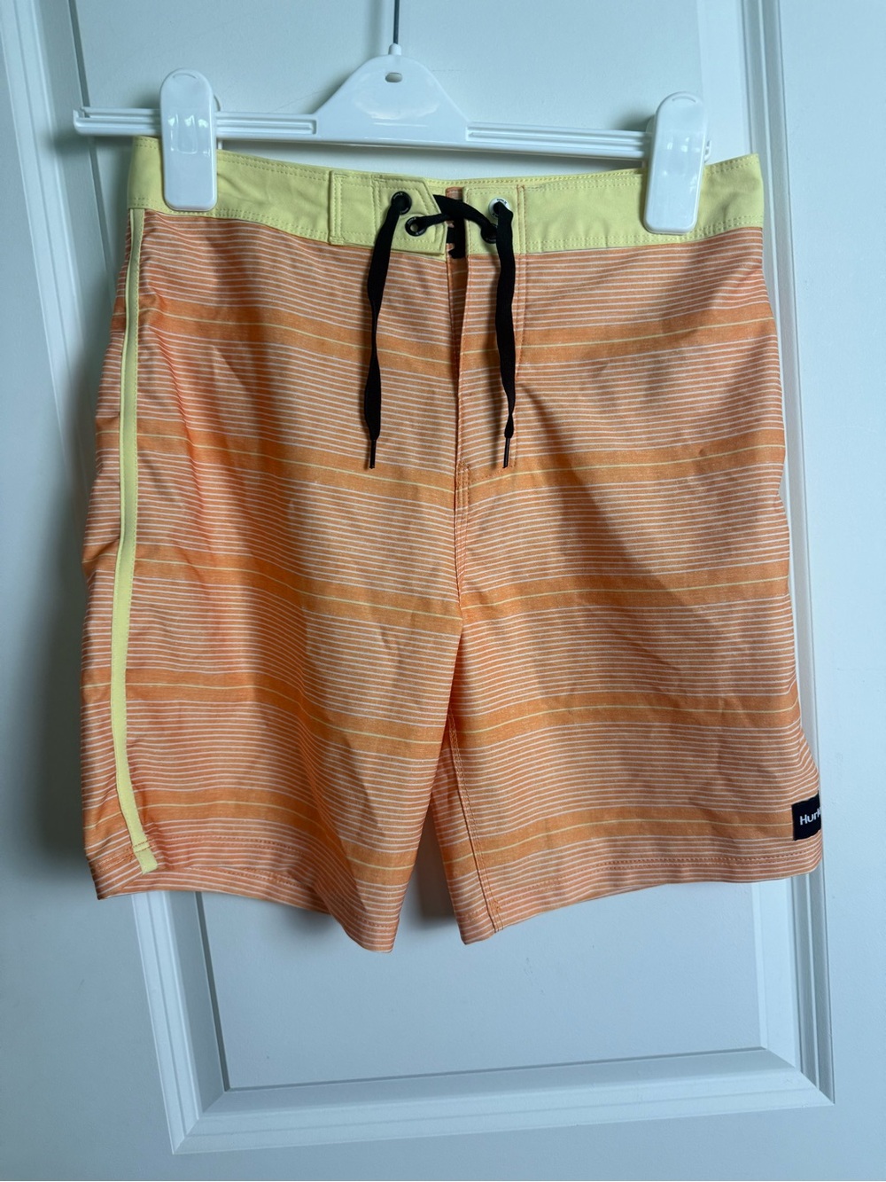 Hurley Men’s Peach-Striped Board Shorts with Yellow Waistband